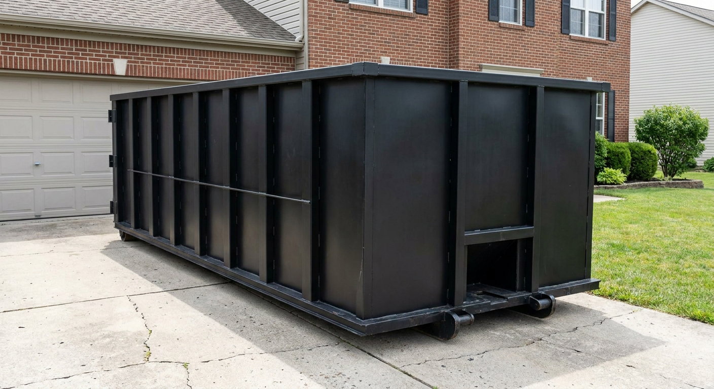 Matte-black 20-yard roll-off container on a Clarkston residential concrete driveway with reinforced ribbed steel sidewalls and a hinged rear walk-in door, clean bright daylight.