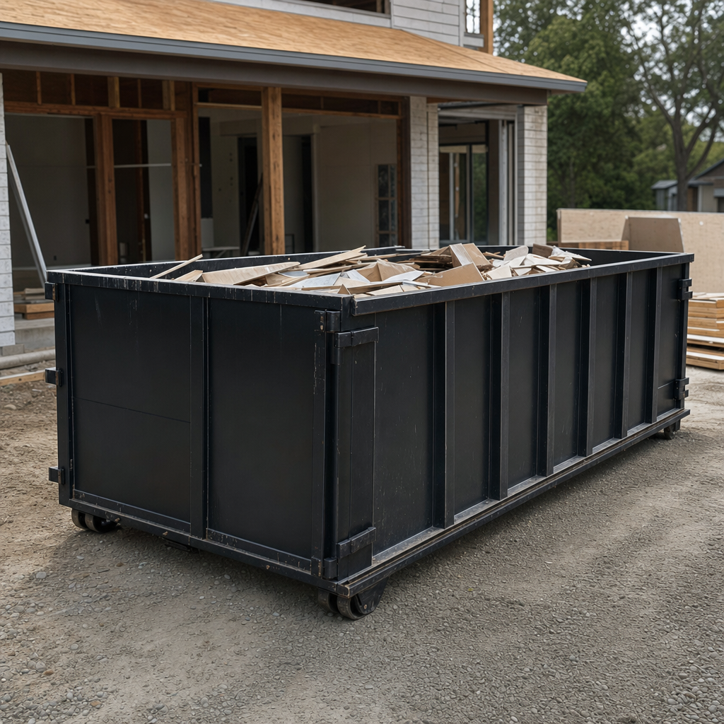 Large matte-black 30-yard construction roll-off dumpster at an active Clarkston jobsite, steel-gray top rails and bottom rollers visible, loaded with construction debris.