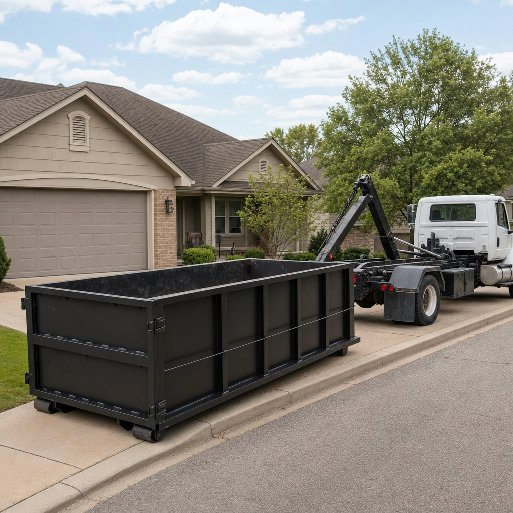 Wide documentary shot of a matte-black roll-off dumpster on a Clarkston residential driveway in the foreground and a contractor jobsite container in the soft-focus background, bright daylight, calm and orderly composition.