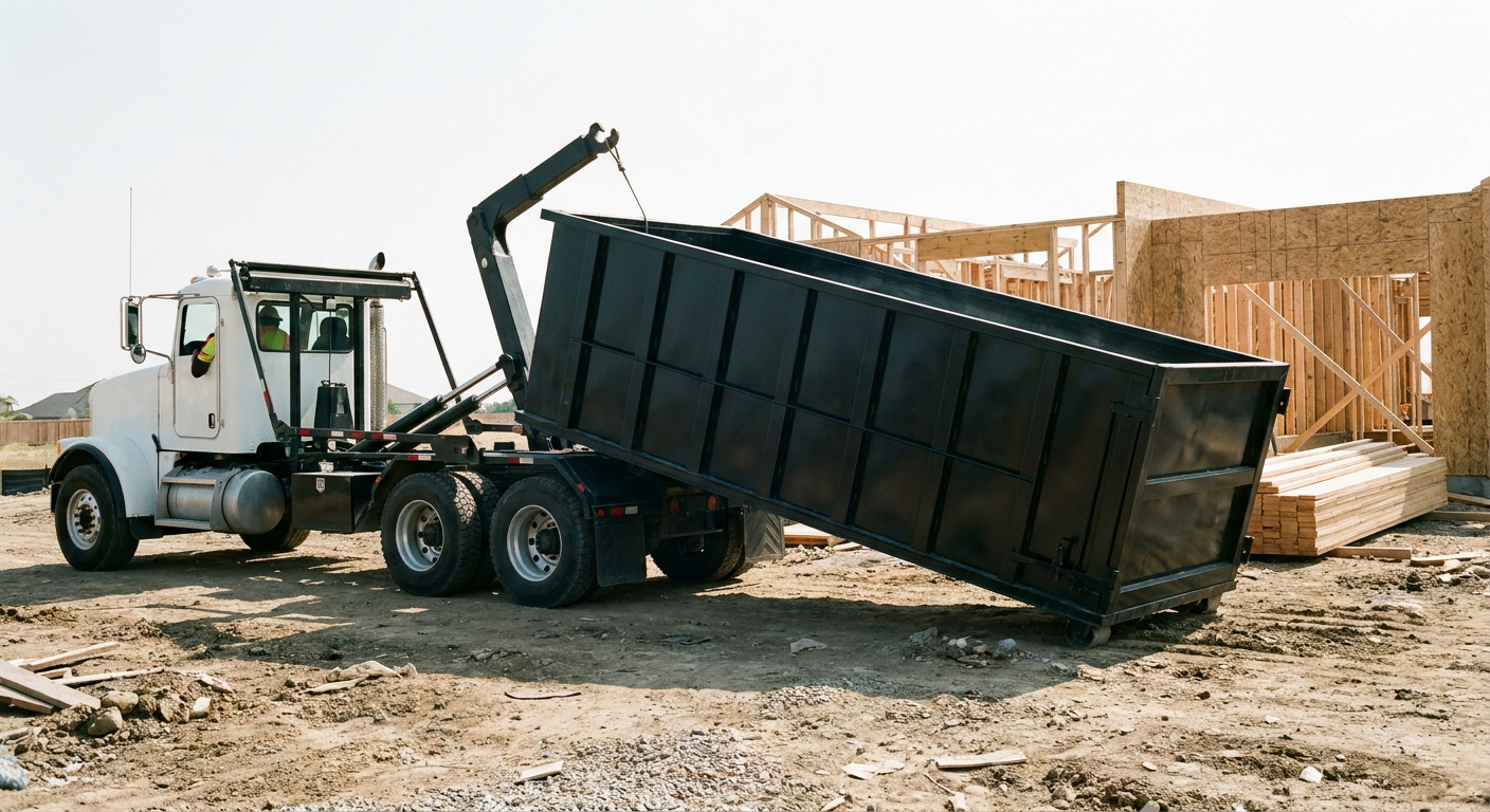 Matte-black roll-off dumpster being delivered onto a clean residential concrete driveway in Clarkston by an unmarked white hooklift hauler truck, bright morning daylight, documentary 35mm perspective.